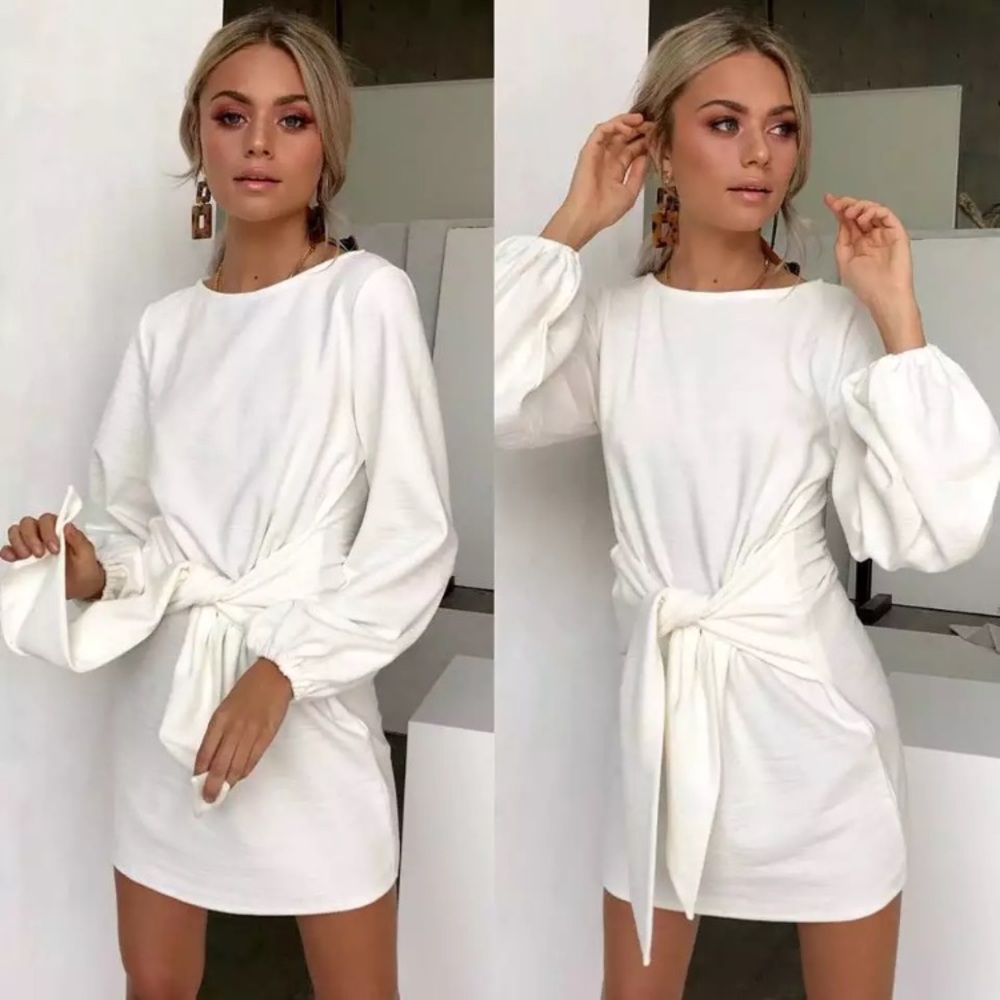 Spring white soft fabric front tie dress